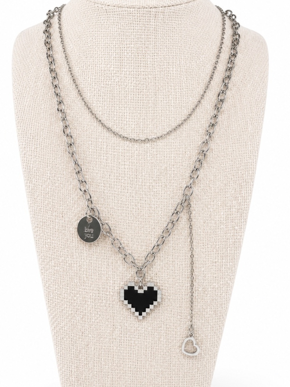 Layered Pixel Heart Necklace Love You Charm Silver Tone Minimalist Y2K Gift